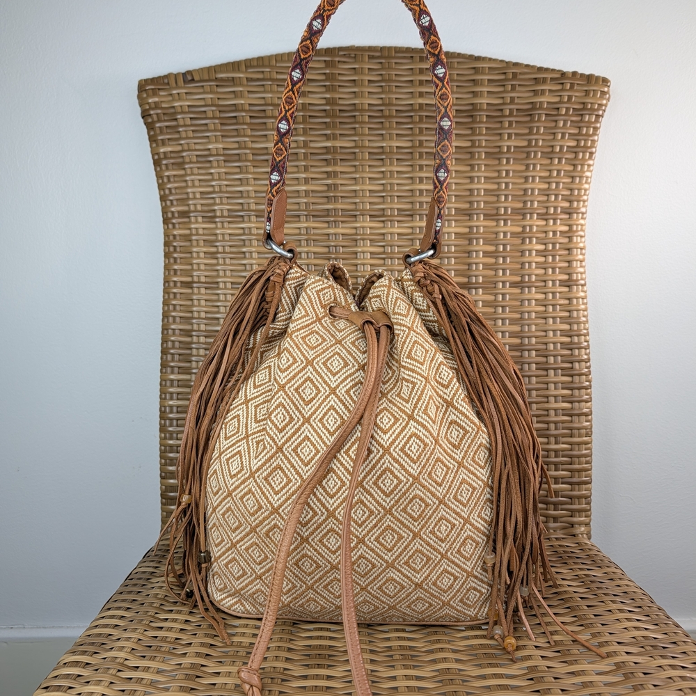 Sam Edelman Tribal Geo Print Drawstring Boho Bucket Bag Fringe Brown Leather